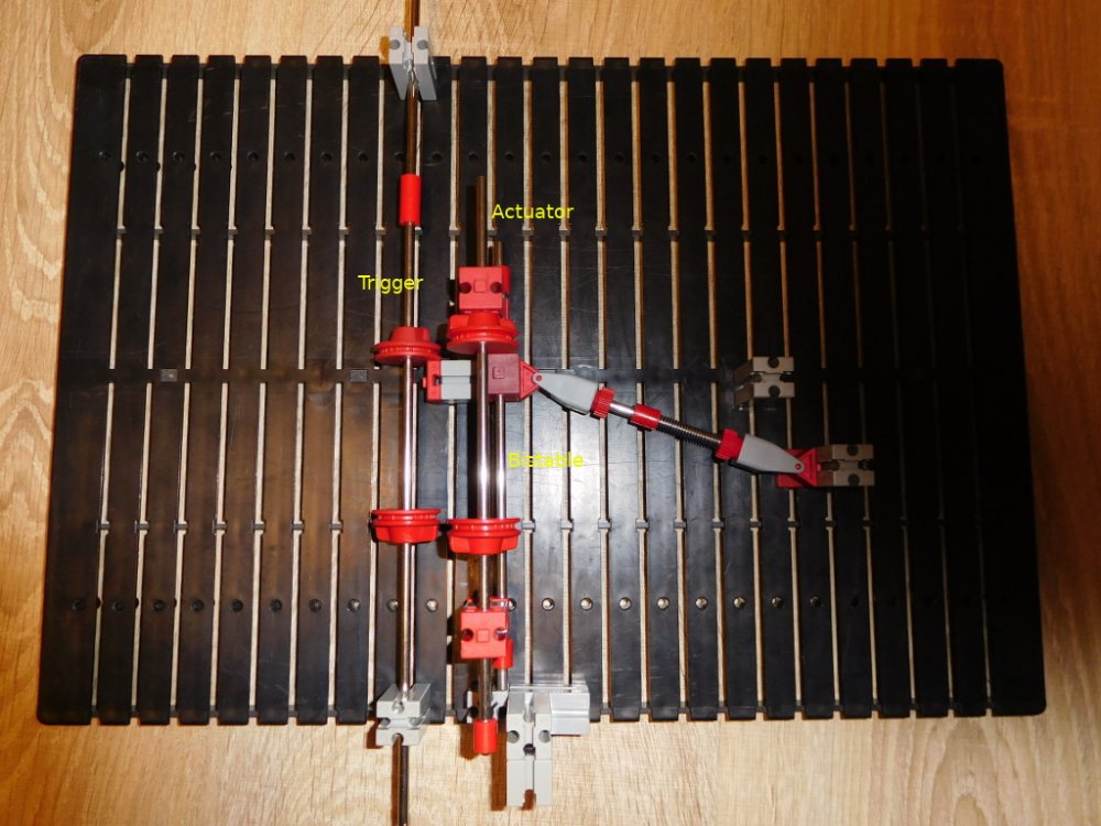 Mechanismus in Position A<br />Trigger: Achse mit Auslöser-Anschlägen<br />Actuator: Aktuator-Achse mit Anschlägen<br />Bistable: Linearachse des bistabilen Mechanismus