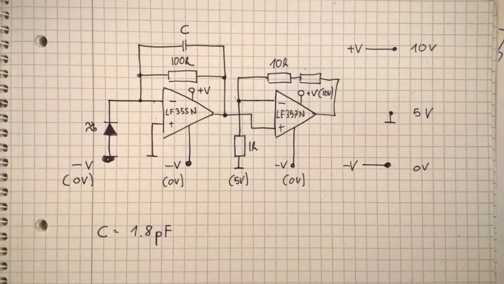PD-Verstärker mit Operationsverstärkern<br />(Der unbeschriftete Widerstand beim 2-en OPAMP ist 20k-50k)