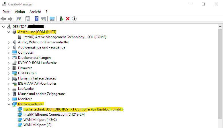 USB Treiber unter &quot;Netzwerkadapter&quot; nicht unter &quot;Anschlüsse (COM&amp;LPT)&quot; wie in der Hilfe behauptet.