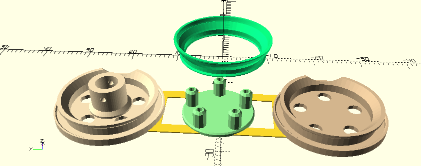 Fertig zum Drucken (zwei Durchgänge, mit Materialwechsel). Die Druckpositionen und der Haftgrund (Brim) werden über die Variablen &quot;print&quot; und &quot;inPos&quot; gesteuert.