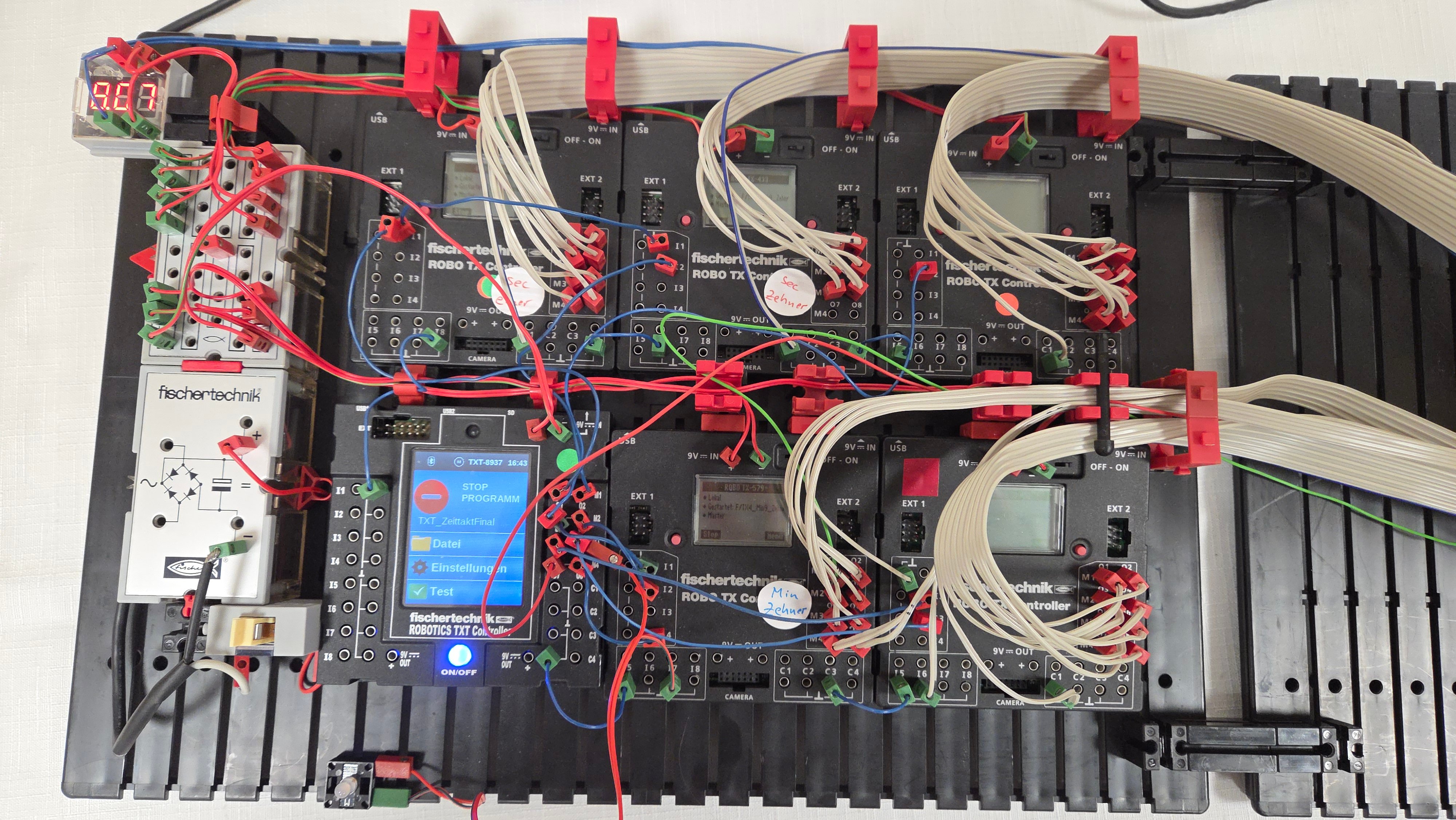 Bild 5<br />Der elektronische Aufbau.<br /><br />Stromversorgung: Da die üblichen ft Netzteile nicht stark genug sind, habe ich hier ein externes ausgewählt, das für die Spannung und den Strom ausreicht.<br />Der Gleichrichterbaustein dient hier nur zur (vorsichtshalben) Siebung mit dem integrierten Elko. Die Spannung wird mit dem Voltmeter links oben im Bild überwacht.<br />Alle TX und der TXT laufen damit recht stabil. Zur Stromverteilung auf die vielen Module habe ich ein Experimentierfeld eingesetzt.<br />Bei den TX habe ich auch solche, bei denen das Display bereits ausgefallen ist (allgemein bekannter Fehler). Die TX funktionieren aber trotzdem, wenn man weiß, wie man sie starten kann.<br />Der Kabelsalat ist bei 39 zeitanzeigenden Lampen natürlich komplex - zum Verbessern gibt's immer was.